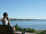 Sonya on a park bench